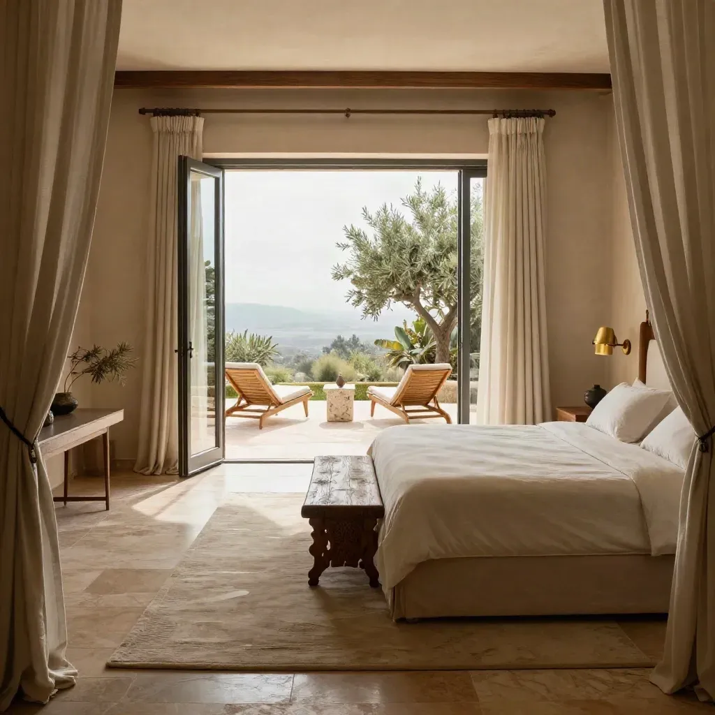 Suite lujosa de mansión con cama grande, rincón de estar y puertas a patio silencioso.