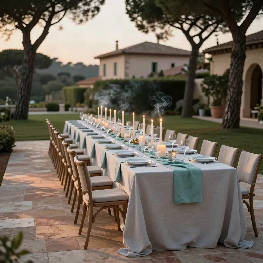 Terraza de banquete en una finca ibicenca, mesa larga lista para boda entre pinos y luz cálida.