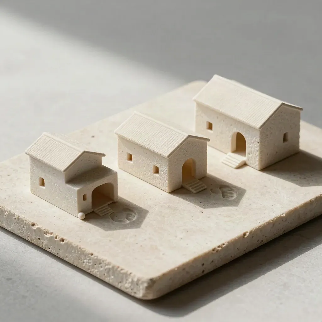 Tres maquetas de villas ibicencas sobre piedra clara, con luz suave y estilo editorial.