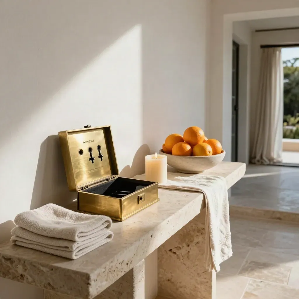 Consola de bienvenida en una villa de Ibiza con llaves, vela, cítricos y toallas en luz suave.